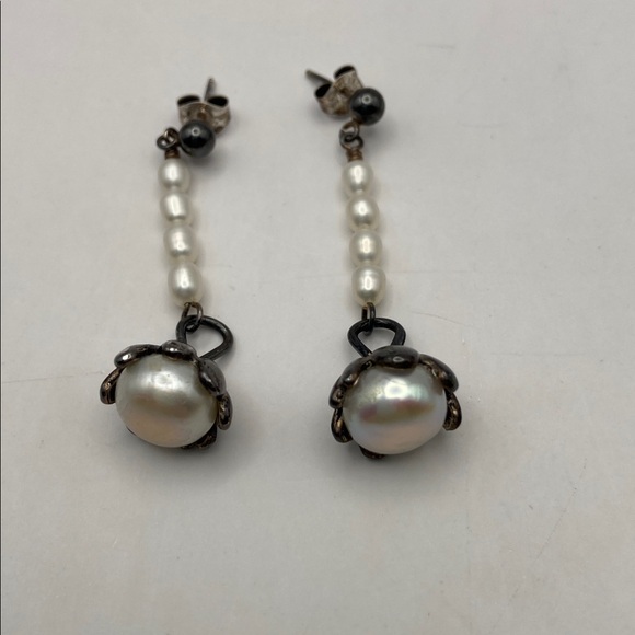 Vintage Sterling Silver 925 White Cultured Pearl Dangle Drop Earrings Pierced